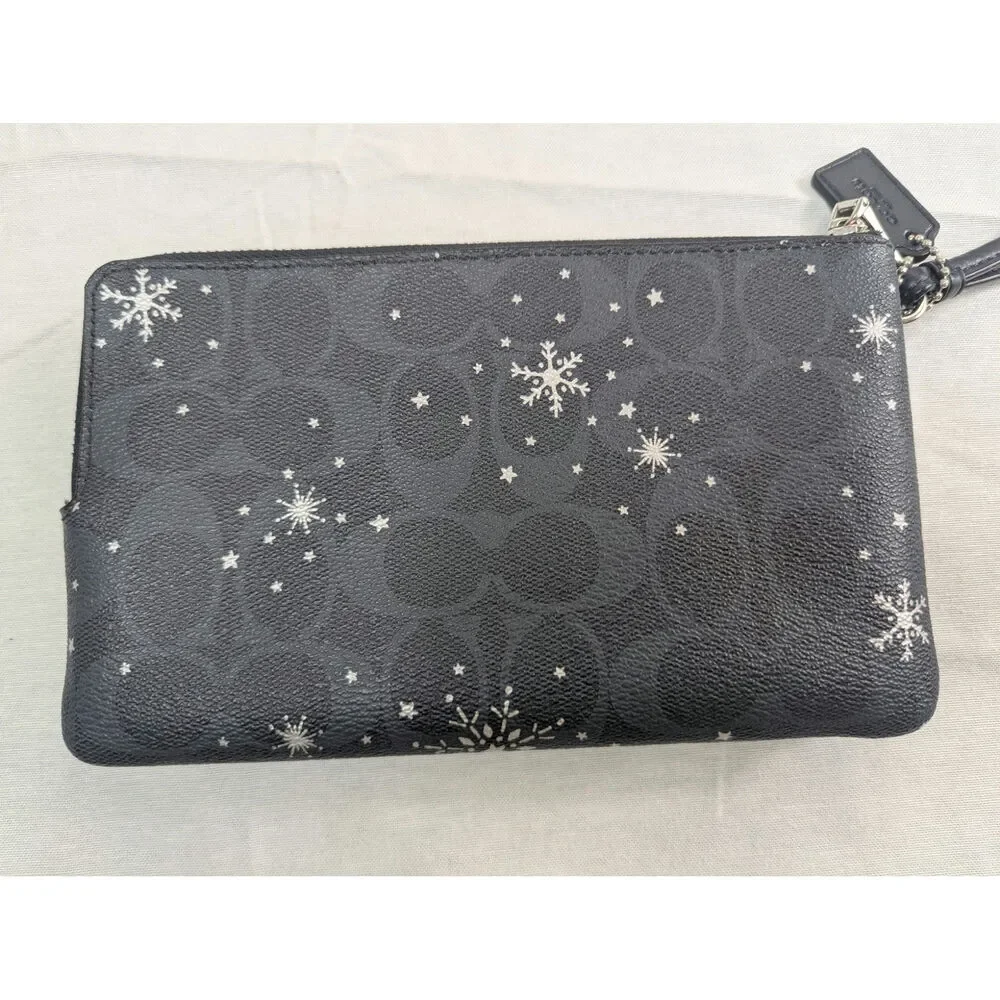 Coach Navy Silver Snowflake Corner Double Zip Wristlet (Missing Zipper Pull)